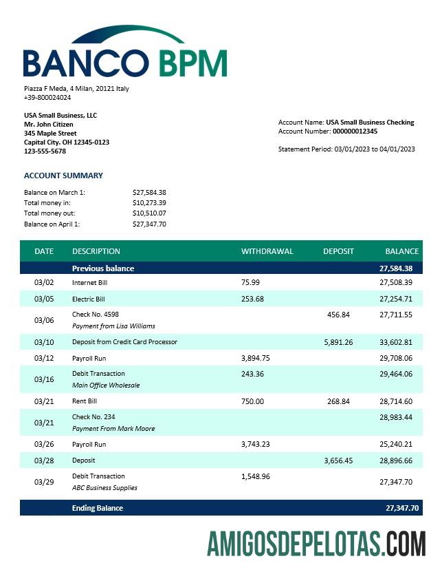 Imprimível Banco BPM Enterprise Statement Word And PDF modelo